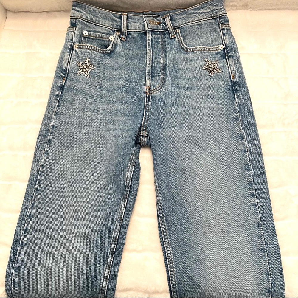 NWT Maje Pagody Crystal Embellished Straight Leg Stretch Denim Button Fly Jeans - Picture 2 of 16